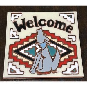 Vintage Southwestern Art Ceramic  Tile Trivet EarthTones Howling Wolf #4225N